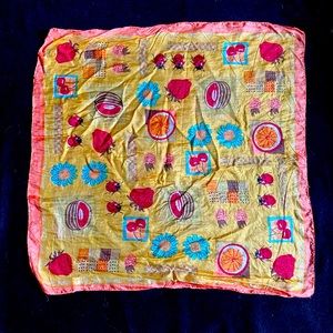 18” square silk scarf orange with fruit and ladybugs